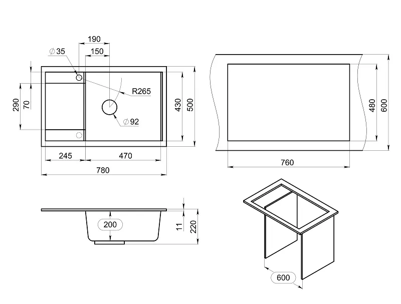 Мойка для кухни Granula 7805 алюминиум, 78х50 см, прямоугольная